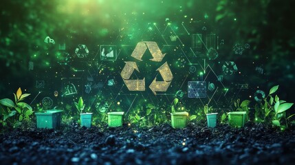 Obraz premium Eco-Friendly ESG and Circular Economy Design with Minimalistic Waste Reduction Icons on Gradient Green Background