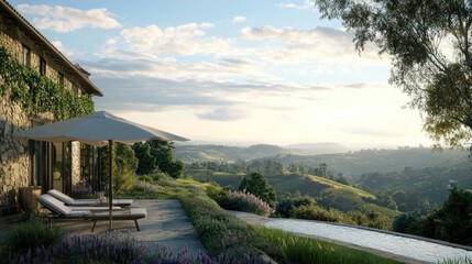 Fototapeta premium Stone house patio with pool overlooking vineyard hills at sunset.
