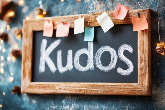 A well-designed "Kudos" poster pinned on an office bulletin board, with colorful sticky notes showing appreciation messages from colleagues