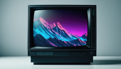 Fototapeta premium Retro television displays vibrant mountainscape in colorful neon hues against a minimalist backdrop