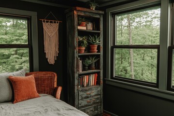 Fototapeta premium The sunny bedroom includes plants, a wicker chair, and a wooden cabinet