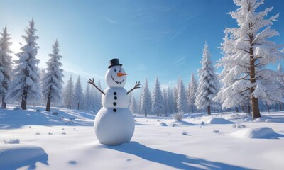 Fototapeta premium Joyful snowman standing alone in a serene winter landscape with snow-covered trees and a clear blue sky, winter scenery, peaceful scene