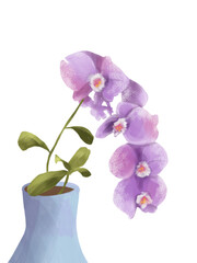Obraz premium Hand drawn watercolor of purple orchids in vase with transparent background