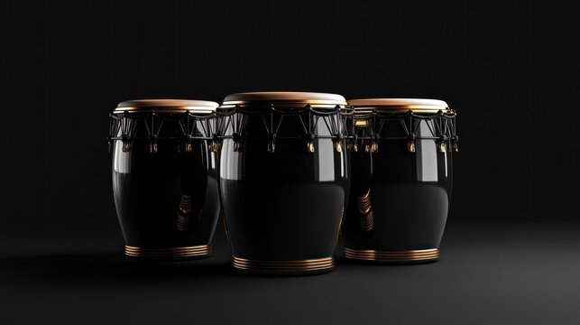 Three black conga drums with gold rims against a dark background.