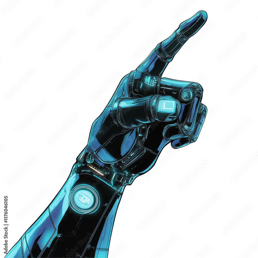 Poster futuristic android hand pointing upwards against a plain transparent background in a clear and strik