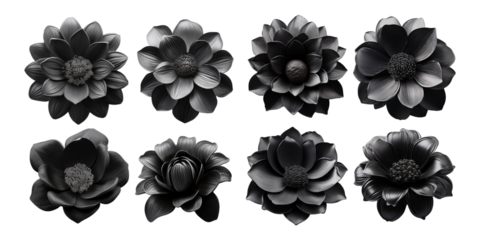 Collection of Elegant Black Flowers on Transparent Background