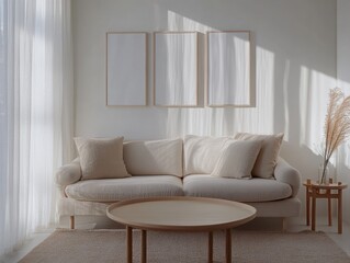 A white couch with pillows and a coffee table in front of it