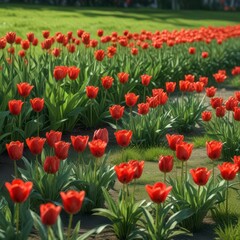 Fototapeta premium Red tulips and lilies in a field of green grass, nature, tulips