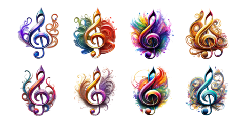 Colorful Artistic Treble Clefs with Swirls and Decorative Elements