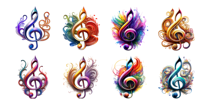 Colorful Artistic Treble Clefs with Swirls and Decorative Elements