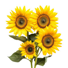 Obraz premium A bouquet of vibrant sunflowers with green leaves on a plain transparent background for a cheerful display, sunflowers isolated on transparent background