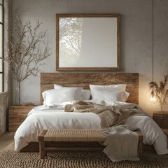 A bed with a white comforter and a brown blanket