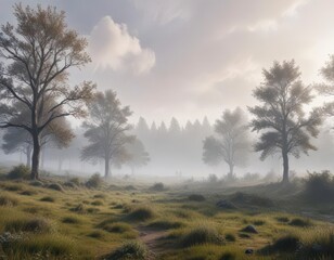 Obraz premium Soft focus landscape with misty atmosphere and distant trees, hazy, nature