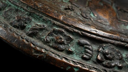 Etruscan bronze mirror, ornate designs with oxidation marks, ancient shine 