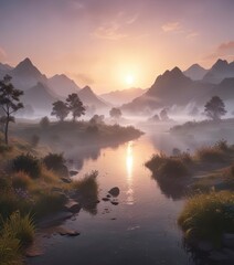 Fototapeta premium Softly glowing mist envelops a serene landscape at dawn, serene landscape, dawn light