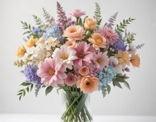Fototapeta premium Soft pastel flower bouquet spread on a white background, arrangement, spring