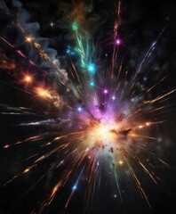 Fototapeta premium Stellar explosion of colorful stars against a black space background, space, explosions