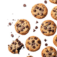 Deliciously baked chocolate chip cookies beautifully arranged on a clean transparent background with a few chocolate chips scattered around, chocolate chips cookies on transparent background