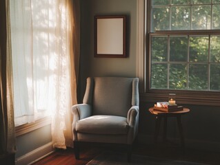 A chair is sitting in front of a window