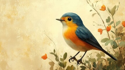 Charming Portrait of a Small Colorful Bird Set Against a Soft Background with Delicate Flowers Capturing the Essence of Nature's Beauty