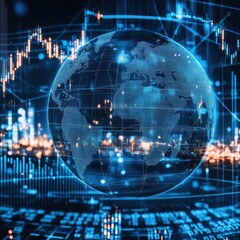 Futuristic global stock market network, interconnected digital stock charts floating above a globe, glowing data streams 