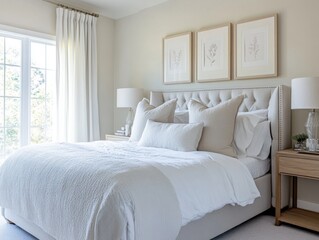 A white bed with a white comforter and pillows