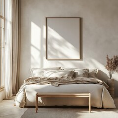 A white bed with a wooden bench next to it