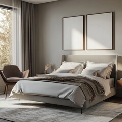 A bed with a white comforter and a brown blanket