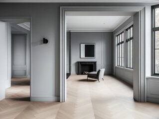 A large room with a fireplace and a chair