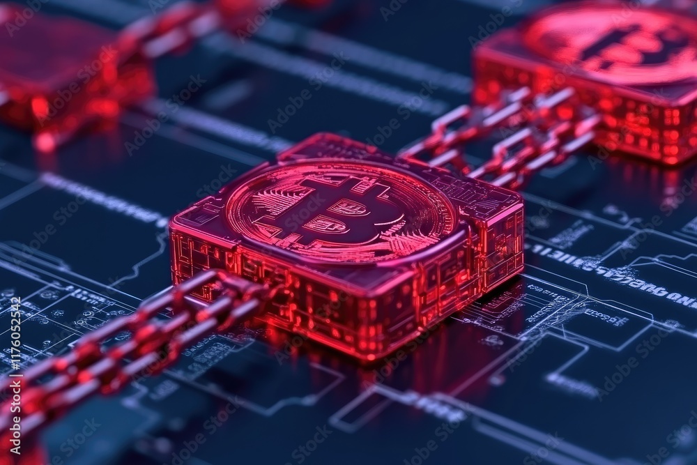 Poster red bitcoin blocks connected by chains on circuit board