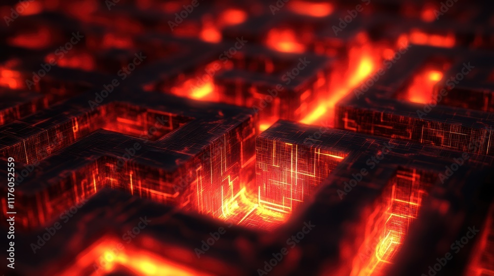 Poster abstract maze structure with bright glowing lines and shadows in dark environment, conveying depth a