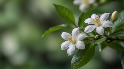 Obraz premium Two delicate white flowers with green leaves.