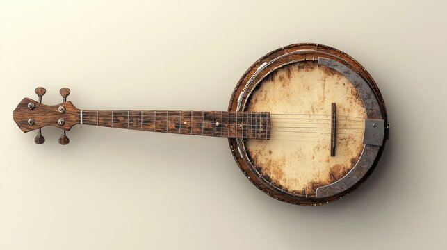 Vintage banjo with worn wooden body and metal rim, isolated on light background.