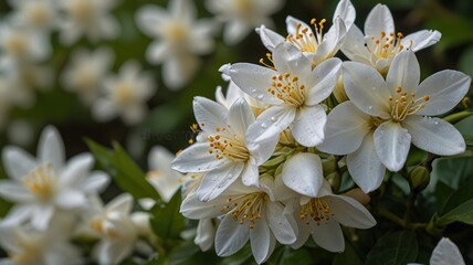 Obraz premium Close-up of delicate white flowers with water droplets.