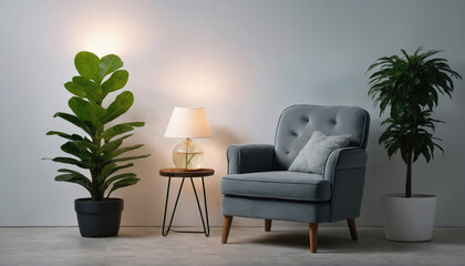 Cozy living room corner with a chair, plants, and a lamp in soft lighting for a warm atmosphere