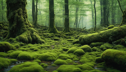 Lush green forest with moss-covered rocks and gentle stream in serene nature setting
