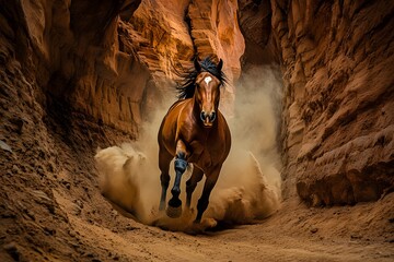 Obraz premium Wild Horse Galloping Through a Canyon: A wild horse galloping through a narrow canyon