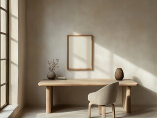 A wooden desk with a chair and a vase on it