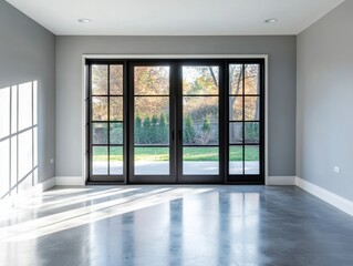 Obraz premium A large open room with a black door and windows