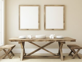 A wooden dining table with two empty picture frames on either side