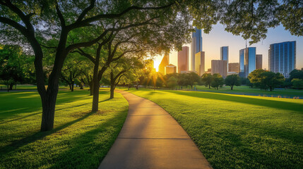 Obraz premium Scenic Park in Texas with Shaded Walking Paths, Tall Trees, Bright Green Grass, Texas Sunset, and Contemporary City Buildings in the Distance