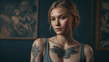 Fototapeta premium Woman with intricate tattoos posing in a dimly lit room adorned with artistic paintings