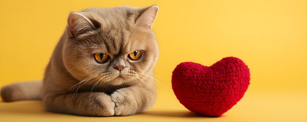Sad beige British cat lies nearby and looks at the knitted heart on a yellow background. Valentine's Day, for a greeting card or advertising banner. Romantic gift, celebrating February 14.