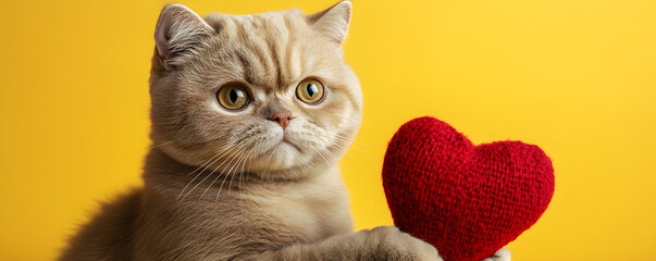 Sad beige British cat lies nearby and looks at the knitted heart on a yellow background. Valentine's Day, for a greeting card or advertising banner. Romantic gift, celebrating February 14.