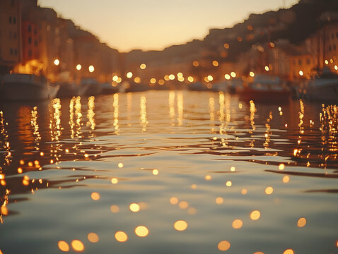 Fototapeta Calm water reflecting golden sunset lights over harbor, boats, and buildings.
