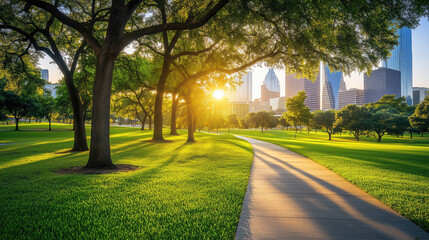 Obraz premium Scenic Park in Texas with Shaded Walking Paths, Tall Trees, Bright Green Grass, Texas Sunset, and Contemporary City Buildings in the Distance