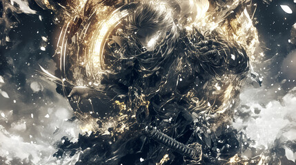 Samurai, Japan, Japanese, ninja, katana, Japanese sword, duel, art, scene, cool, luminous, magic circle, mandala, emotion, sunset, beauty, war, battle, armor, warrior, snow, mountain, Fuji, 