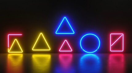 Neon Geometric Shapes Illuminate Dark Room