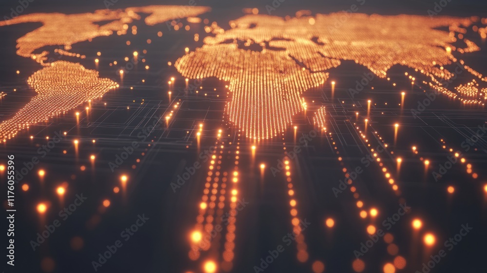 Poster abstract representation of a digital world map illuminated with glowing golden dots, showcasing netw