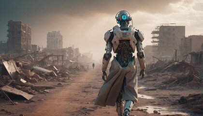 Robot explores a desolate urban landscape amidst ruins and debris under a cloudy sky
